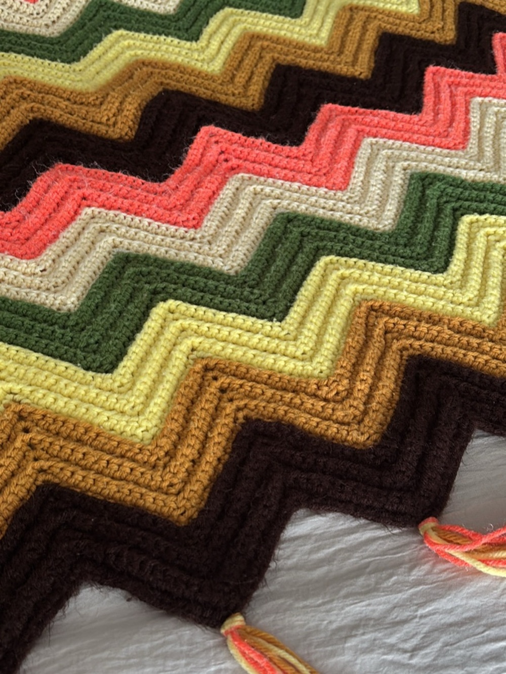 Chevron Crochet Granny Throw in Brown, Mustard, Yellow, Green & Coral
